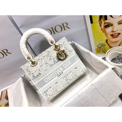 Dior Medium Lady D-Lite Bag In Natural Embroidery with Macrame Effect