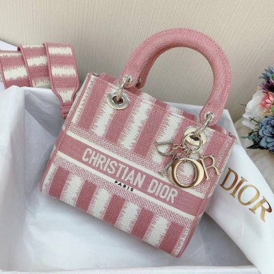 Dior Medium Lady D-Lite Bag In Pink D-Stripes Embroidery CDBS24620