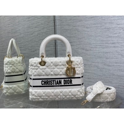 Dior Medium Lady D-Lite Bag In White Cannage Shearling