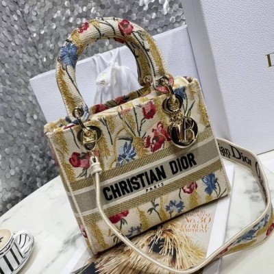 Dior Medium Lady D-Lite Hibiscus Metallic Thread Embroidery Bag