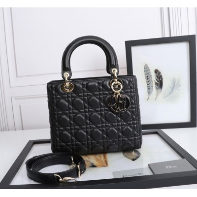 Dior Medium Lady Dior Bag with Enamel Charm In Black Lambskin