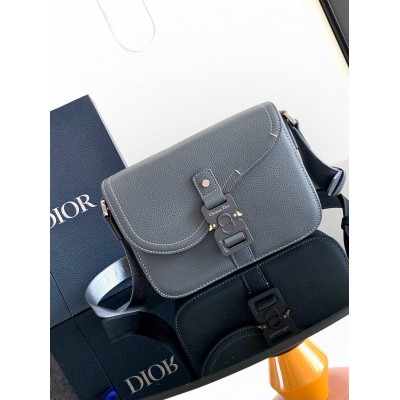 Dior Men's Small Saddle Messenger Bag in Grey Grained Calfskin