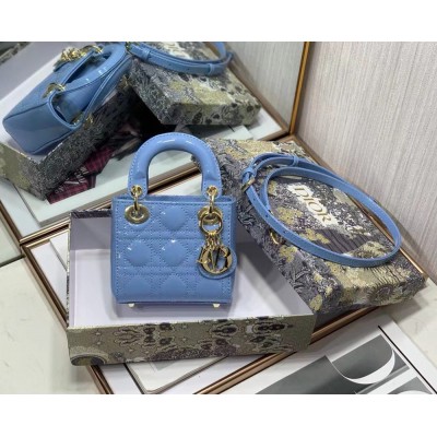 Dior Micro Lady Dior Bag In Blue Patent Calfskin