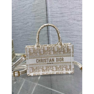 Dior Mini Book Tote with Strap in Gold-Tone Dior Oblique Embroidery