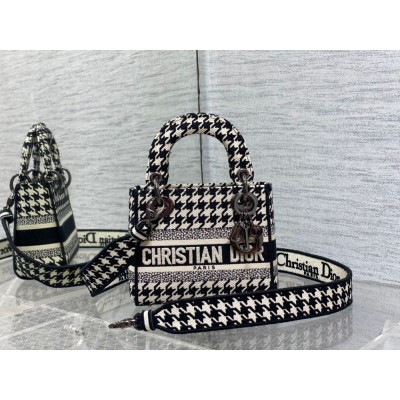 Dior Mini Lady D-Lite Bag In Black and White Houndstooth Embroidery