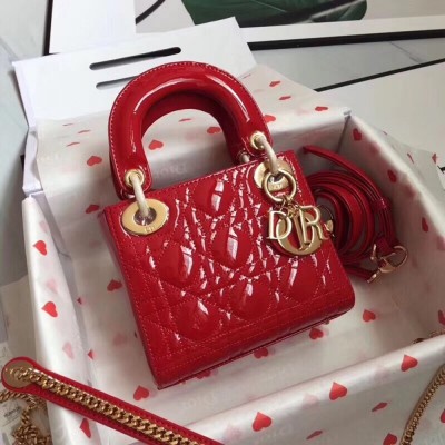 Dior Mini Lady Dior Bag In Cherry Patent Calfskin