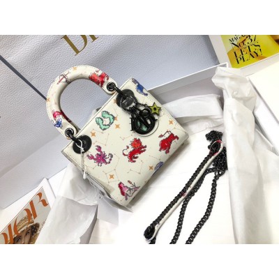 Dior Mini Lady Dior Bag In White Calfskin with Pixel Zodiac Print