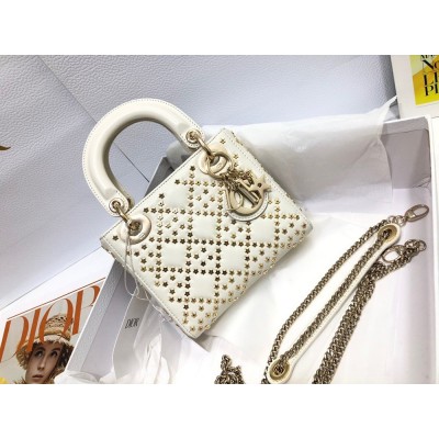 Dior Mini Lady Dior Bag In White Lambskin with Star Embroidery