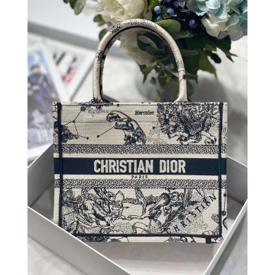 Dior New Small Book Tote In White Toile de Jouy Zodiac Embroidery