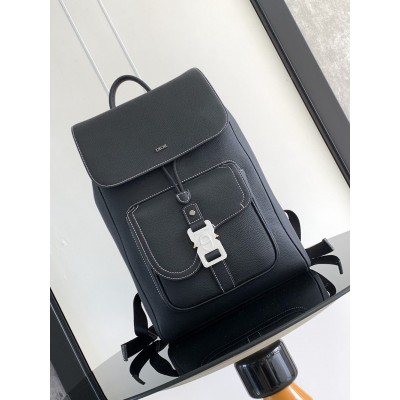 Dior Saddle Backpack with Flap in Black Grained Calfskin