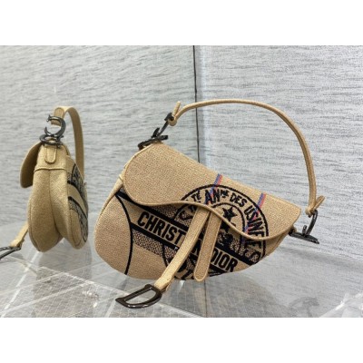 Dior Saddle Bag In Beige Jute Canvas with Dior Union Motif CDBS24738