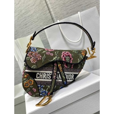 Dior Saddle Bag In Green Multicolor Dior Petites Fleurs Embroidery