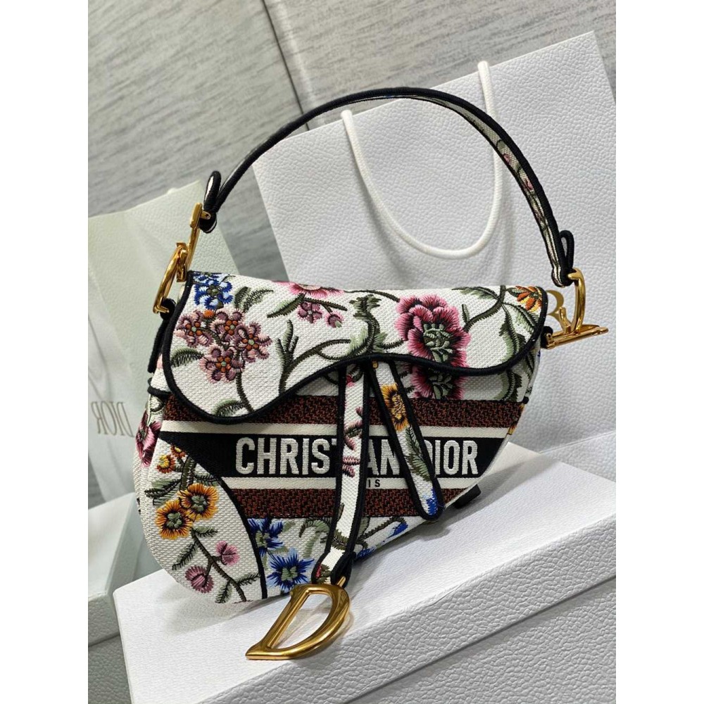 Dior Saddle Bag In White Multicolor Dior Petites Fleurs Embroidery