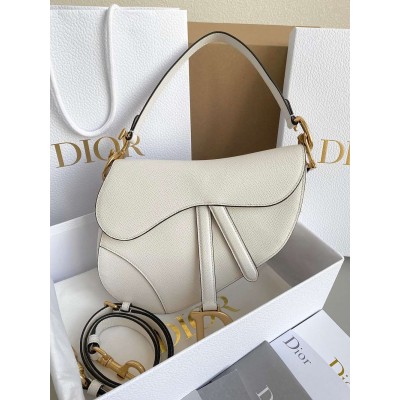 Dior Saddle Bag with Strap in White Grained Calfskin CDBS24797