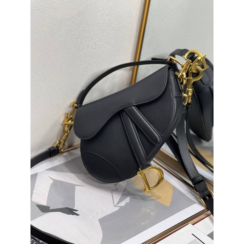 Dior Saddle Mini Bag with Strap in Black Grained Calfskin