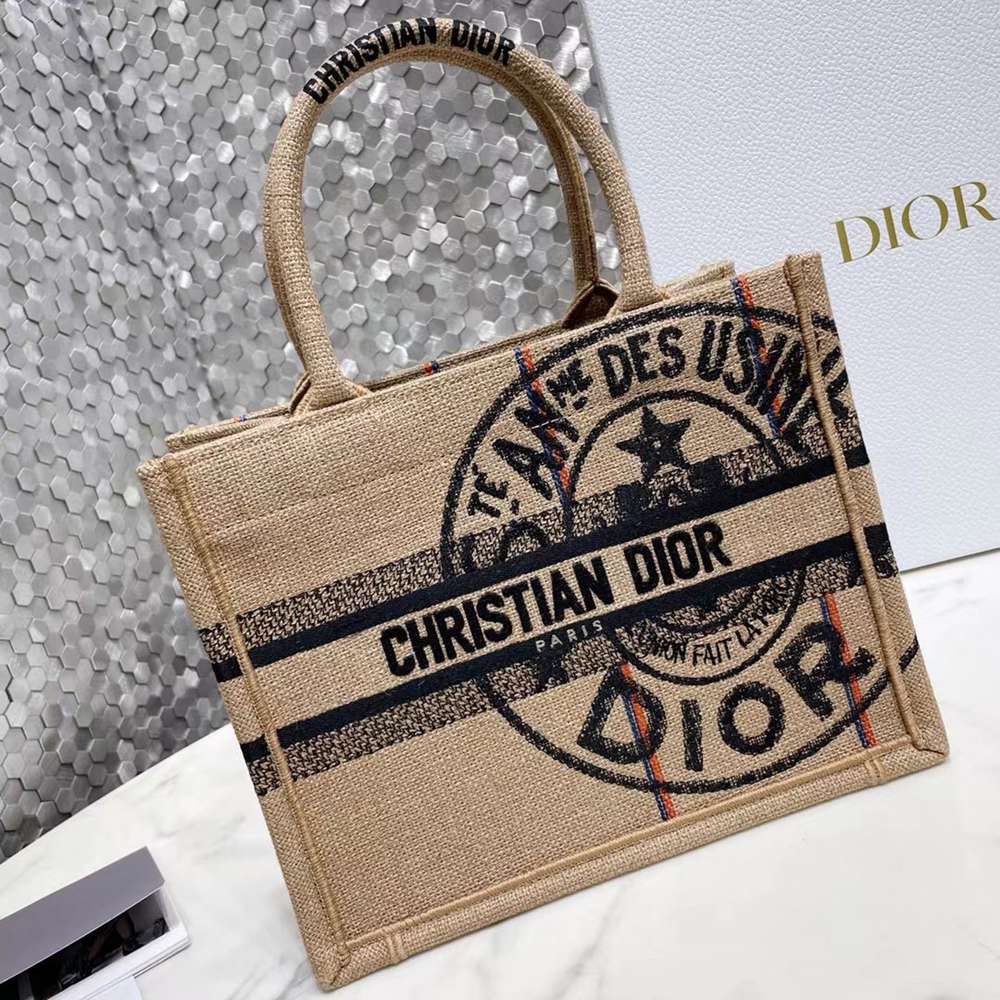 Dior Small Book Tote Bag In Beige Jute Canvas with Dior Union Motif