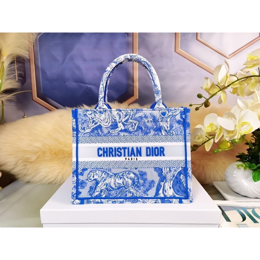 Dior Small Book Tote Bag In Blue Transparent Toile de Jouy Canvas