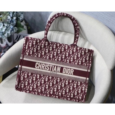 Dior Small Book Tote Bag In Bordeaux Oblique Canvas