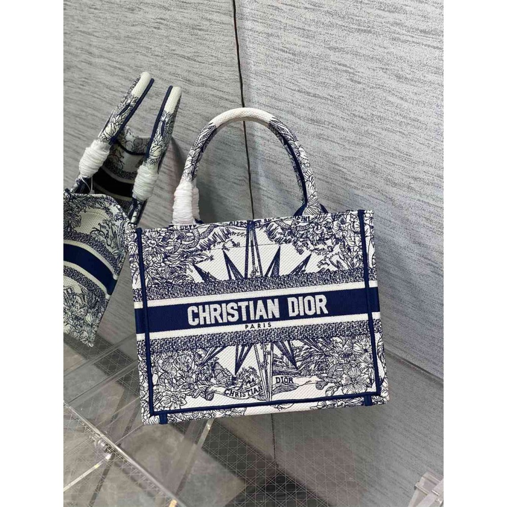 Dior Small Book Tote Bag In White &amp; Blue Rêve d'Infini Embroidery