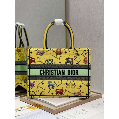 Dior Small Book Tote Bag In Yellow Multicolor Pixel Zodiac Embroidery