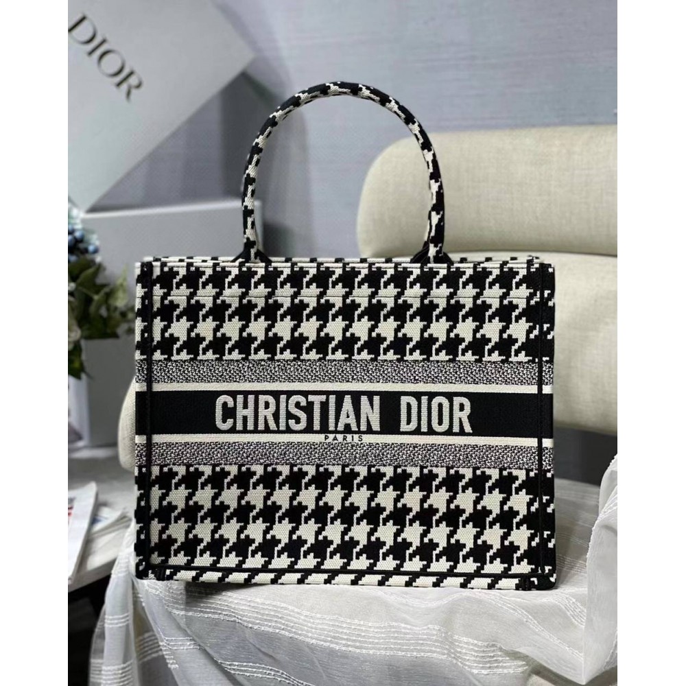 Dior Small Book Tote In Black Houndstooth Embroidery