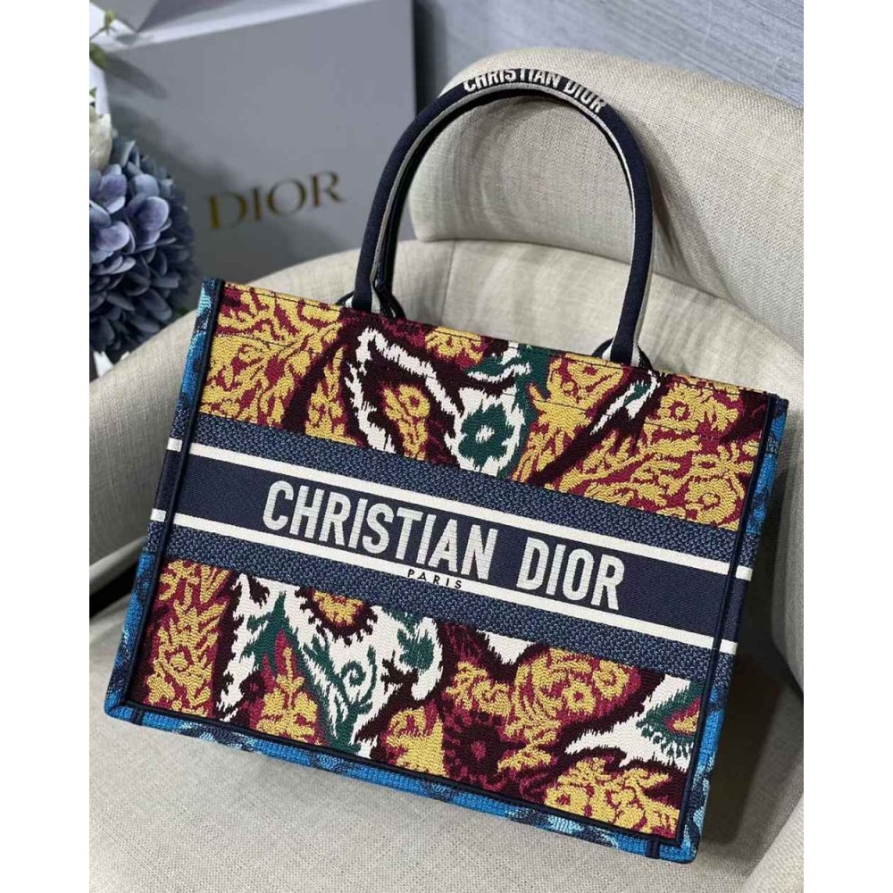 Dior Small Book Tote In Blue Multicolor Dior Paisley Embroidery