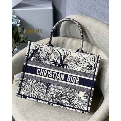 Dior Small Dior Book Tote In Blue Toile de Jouy Palms Embroidery